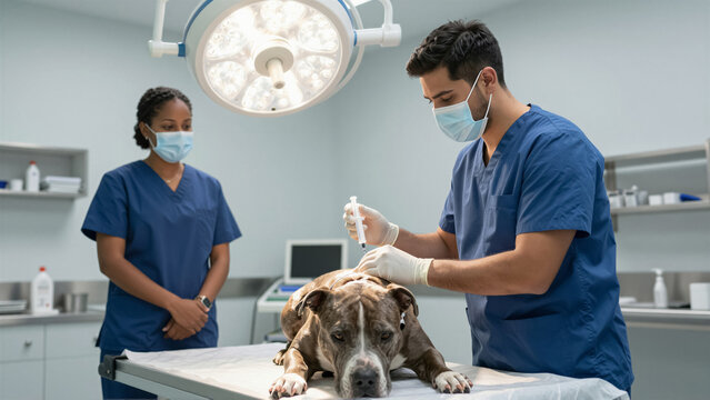 Veterinarian giving an injection to a dog in a clinic. Professional team performing a medical procedure on a pet in an operating room
