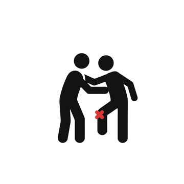 Minimalist showing a person performing a knee strike self defense move against an attacker with a red cross mark indicating a forbidden act