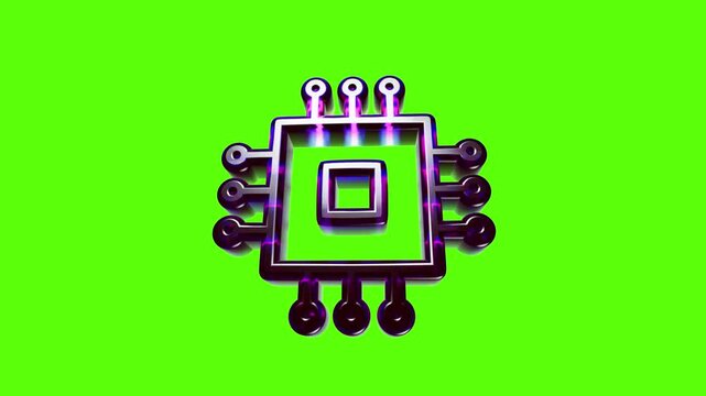 Shiny metallic computer chip processor icon with a modern 3d design isolated on a bright green background