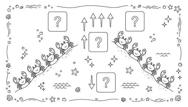Educational Math Game Worksheet with Cute Crabs on Sand Hills Comparison Concept and Question Boxes for Kindergarten and Elementary School Kids