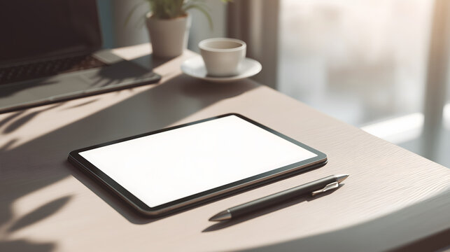 tablet mockup on desk with stylus natural light