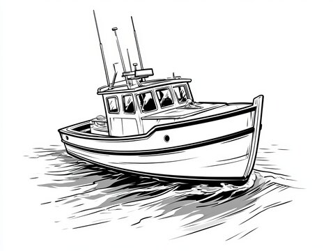 Outline illustration of a small water boat drawn with black clean lines, isolated on white background, isometric vector style nautical transport concept design. 