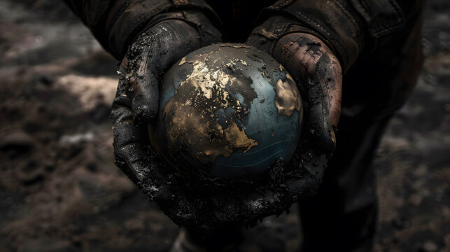 Environmental impact, Hands holding oil-covered globe with smog representing environmental impact pollution and climate concerns