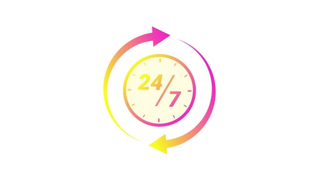 Animated 24 Hours 7 Days service icon with dynamic color gradient, depicting constant availability and ongoing support for businesses and customers.