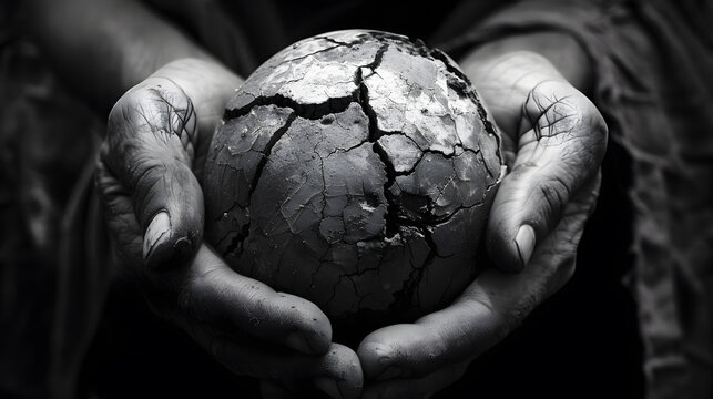 Environmental impact, Hands holding cracked Earth symbolizing environmental impact climate change and global sustainability issues
