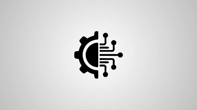 Industrial technology logo animation featuring 3d gear and circuit board icon on white background.
