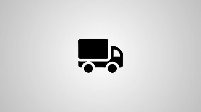 Animated delivery truck icon spinning and revealing solid black silhouette on simple light grey background.