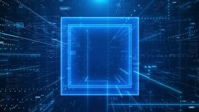 Futuristic digital tunnel features glowing rectangular frames, binary code, interface panels trails. artificial intelligence, cyber security, cloud systems, software network visuals, 19 intros