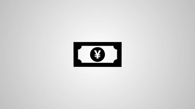 Animated japanese yen banknote with a circle symbol slowly rotating and zooming in on white background motion.