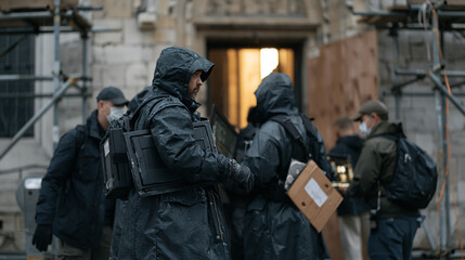 Fototapeta premium A crowd of editors and assistants in rain soaked street gear carry monitors and hard drives into a converted medieval stone building under restoration scaffolding, film playback