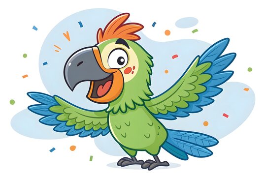 Cartoon parrot with colorful wings flying happily