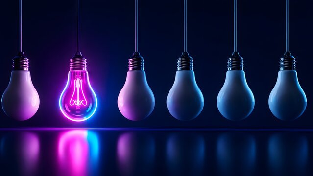Row of hanging lightbulbs with one glowing pink representing individuality and innovative thinking in a dark background