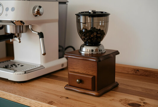Coffee culture and home brewing, espresso machine with manual coffee grinder and fresh beans on a wooden kitchen counter