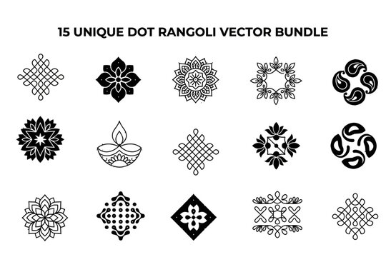 Collection of fifteen black and white dot rangoli designs for festive celebrations