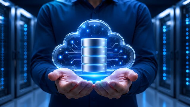 Professional holding a glowing digital cloud and database icon representing network storage and server management