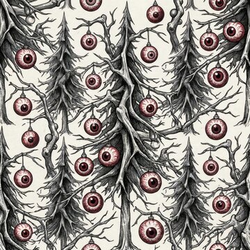 Creepy Christmas seamless pattern with red eyeball baubles hanging on withered pine trees in vintage line art