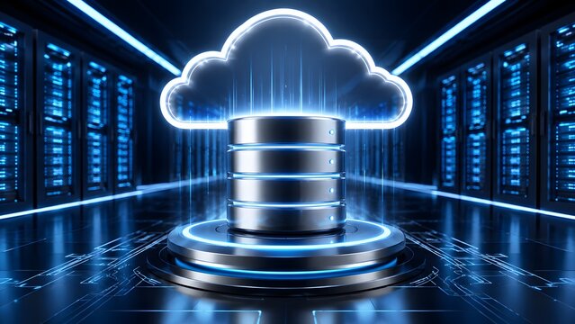 Glowing digital cloud icon over a server database platform representing cloud computing and network storage