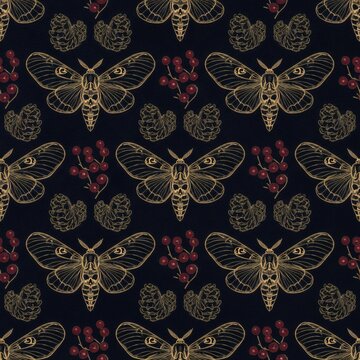 Gothic Yule seamless pattern with golden death's-head hawkmoths, pine cones, and red winter berries on black background