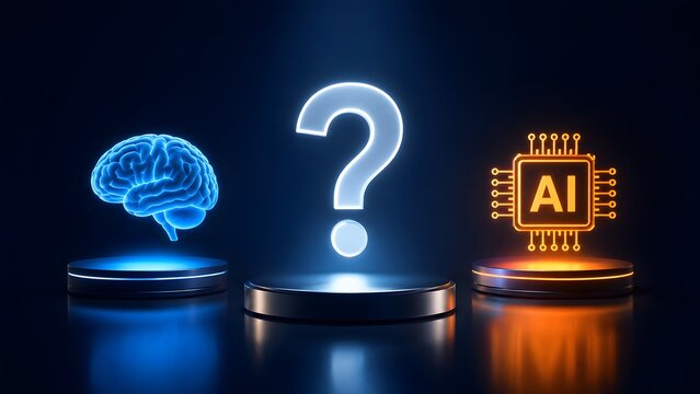 Glowing human brain question mark and artificial intelligence chip on pedestals representing decision making and technological innovation