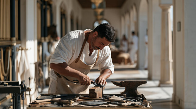 A farrier works alone inside a sunlit luxury stable with marble-tiled walkways, bending over an iron shoe at a portable forge, the high-end interior contrasting with raw anvil and
