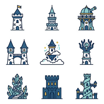 Fantasy wizard towers and magical castle structure icons.