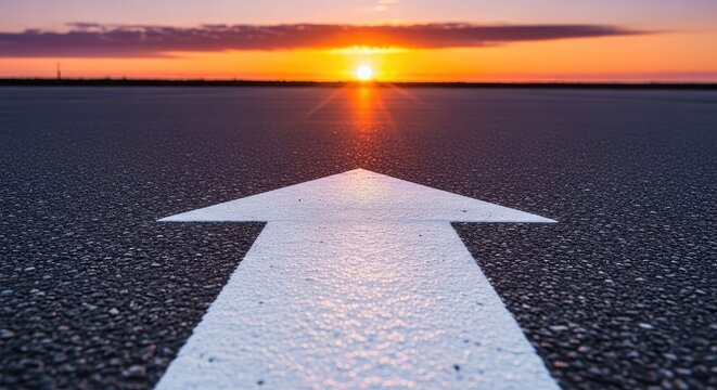 A low angle shot of a bright white arrow painted on dark grey asphalt pointing forward toward a distant horizon at sunrise or sunset, path, leadership, way
