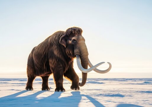 A majestic woolly mammoth with massive curved tusks traverses a frozen landscape during the harsh glacial era under a pale and winter sun, science, snow, creature