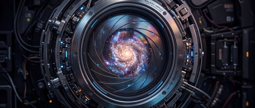 Macro view of mechanical camera aperture revealing spiral galaxy inside cosmic lens for space exploration and deep space imaging concepts