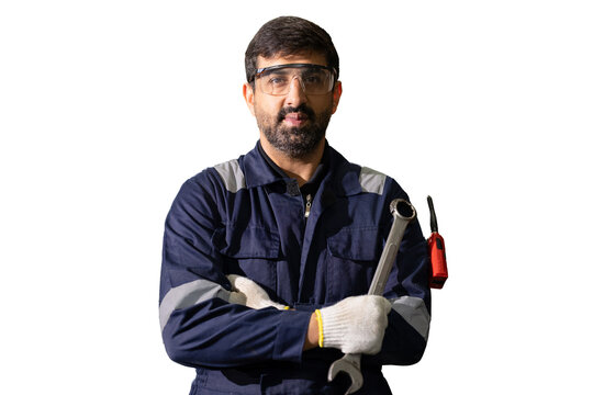 Male Engineer Mechanic Worker Holding Wrench Safety Glasses Jumpsuit Isolated White