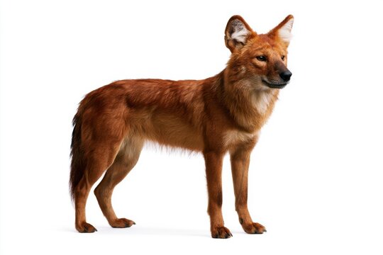Dhole, also known as the Indian wild dog, stands alert in this studio portrait. The wild canine's reddish-brown fur and erect ears are highlighted against a neutral background.