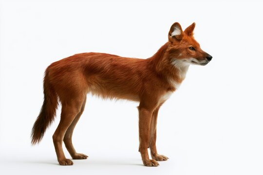 Dhole in Profile: A striking dhole, also known as an Asian wild dog, stands alertly in profile against a clean white backdrop, showcasing its russet coat and intelligent gaze.