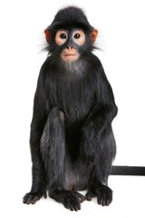 Naklejka premium Langur Monkey Portrait: A young langur monkey with distinctive black fur and striking orange around its eyes sits calmly, its innocent gaze fixed forward.
