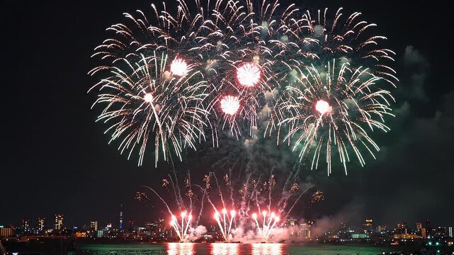 Espectacular exhibici&oacute;n de fuegos artificiales multicolores sobre una noche cerrada.