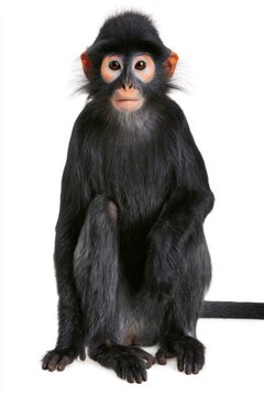 Langur Monkey Portrait: A young langur monkey with distinctive black fur and striking orange around its eyes sits calmly, its innocent gaze fixed forward.