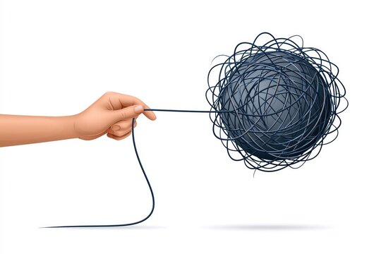 Hand pulling thread unraveling tangled yarn ball complexity concept