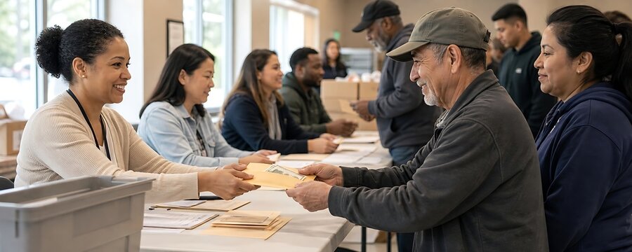 Volunteers sorting and packing food donations in a community center