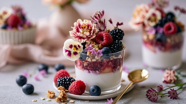 Minimalist vegan dessert scene with coconut yogurt parfait, berries, granola, and edible flowers, soft pastel tones