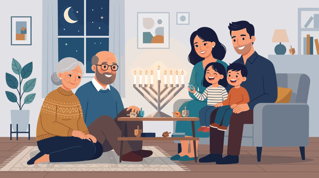 A heartwarming flat design illustration portraying a diverse family celebrating Hanukkah, gathered around a lit menorah in a modern, clean setting. 