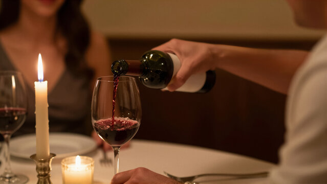 Hand pouring red wine into a glass at an elegant candlelit dinner. Perfect for a romantic date night or special celebration