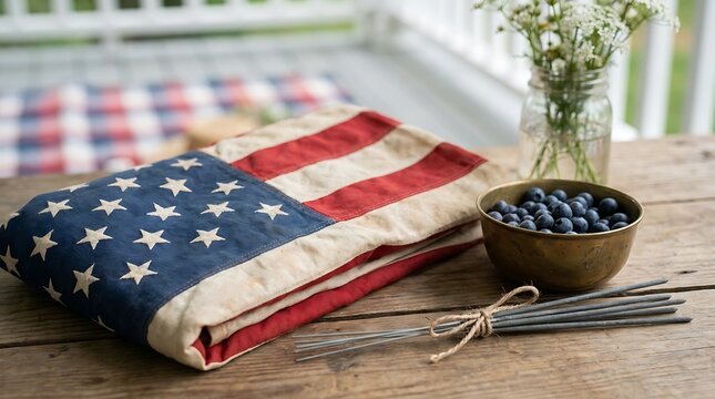 American flag with blueberries and sparklers on a rustic wooden porch for Independence Day