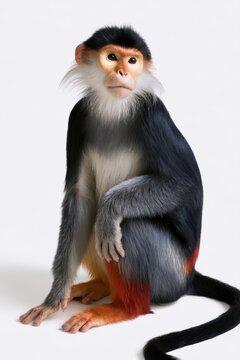 Red-shanked Douc Langur Monkey: A striking red-shanked douc langur, a rare primate known for its vibrant coloration and distinct facial features, sits calmly, showcasing its unique beauty.