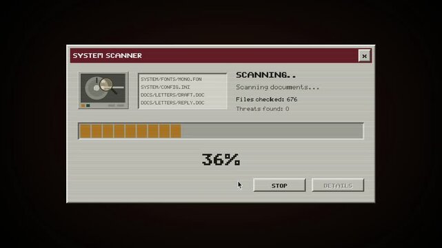 Retro Computer System Scanner Animation, Vintage UI, Pixel Art Loading Screen, Cyber Security Threat Detection, Digital Progress Bar, Scanning Files Interface, Classic Technology Graphic