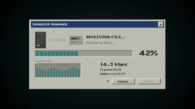 Retro File Transfer Manager Progress Animation, Pixel Art Download Screen, Vintage Computing Interface, Old-School Technology, Data Transfer Visualization, Digital Retro UI, 90s Computer Graphics