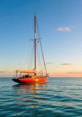 Fototapeta premium A solitary wooden sailboat floats gracefully upon the calm turquoise ocean waters during a serene golden hour under a clear evening sky, transportation, adventure, outdoor