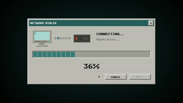 Retro Network Dialer Animation, Vintage Computer Interface, Connecting Modem Progress Bar, 8-bit Pixel Art, Seamless Loop, Digital Connection, Technology Interface, Nostalgic Graphics
