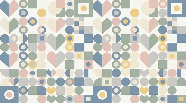 Nordic Minimalist Geometric Mosaic Layout Comprising Pastel Love Shapes Circles And Squares In A Harmonious Decorative Composition abstract geometric background scandinavian style pattern retro