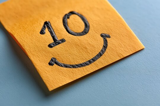 Yellow sticky note with handwritten smile face and digit for feedback