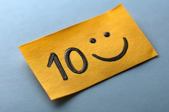 Yellow sticky note with number ten and smile symbol professional look