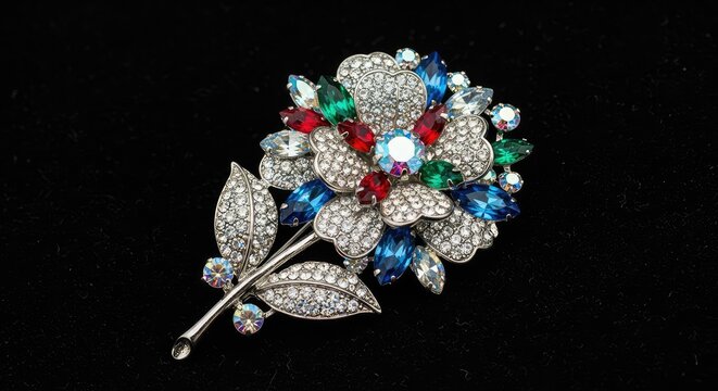 A sparkling flower brooch adorned with brilliant rhinestones sits elegantly against a deep black velvet background, catching the light, flower, bloom, sophisticated
