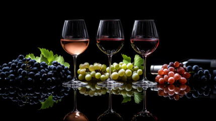 Naklejka premium Three glasses of wine with grapes on rustic background
